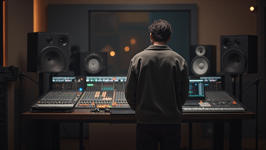 スタジオモニター、参考用ヘッドフォン、オーディオインターフェースが配置されたプロフェッショナルなオーディオ制作環境の全景