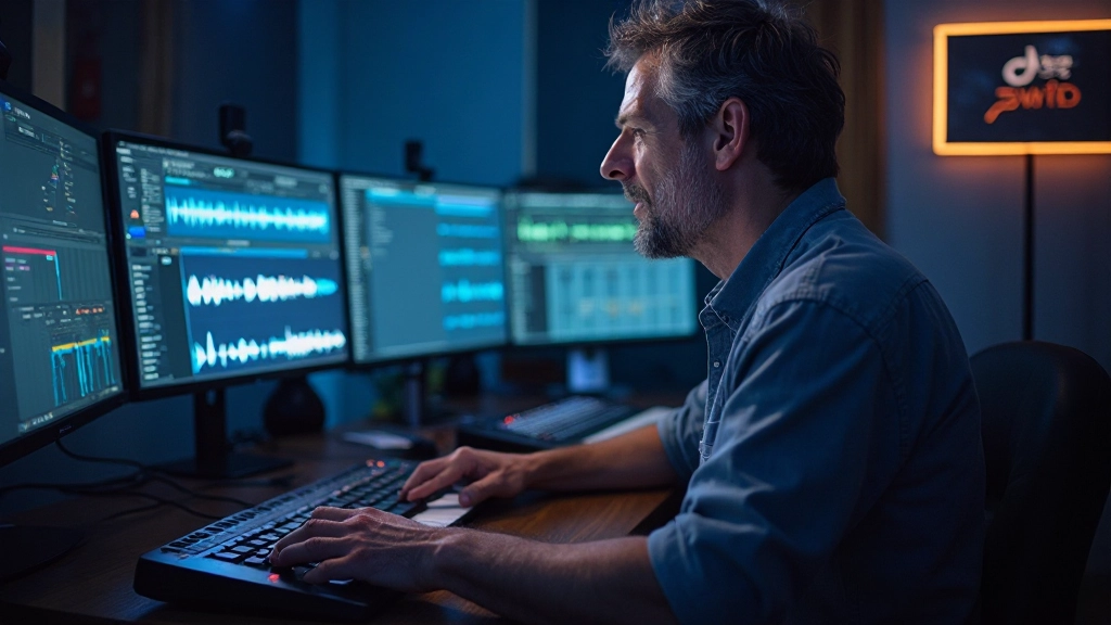 DAWソフトウェアの画面に表示された音声波形、複数のトラック、EQスライダー、そしてマスタリング用のメーターが見えるオーディオエディタの作業画面