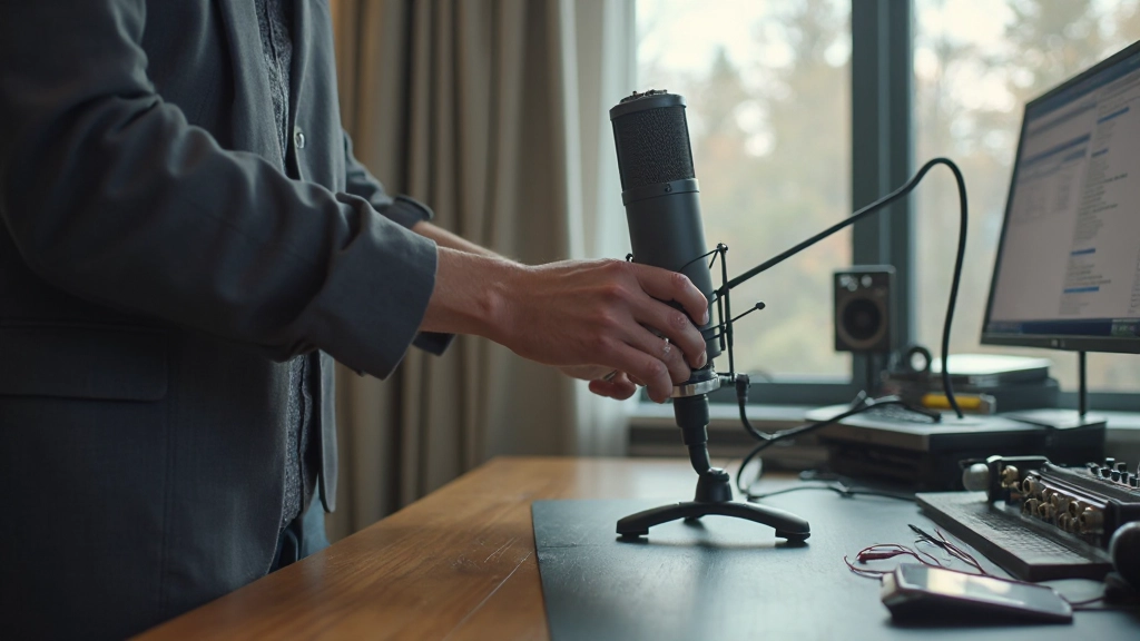 デスク上に設置されたコンデンサーマイク、ポップフィルター、オーディオインターフェース、XLRケーブルの配置図