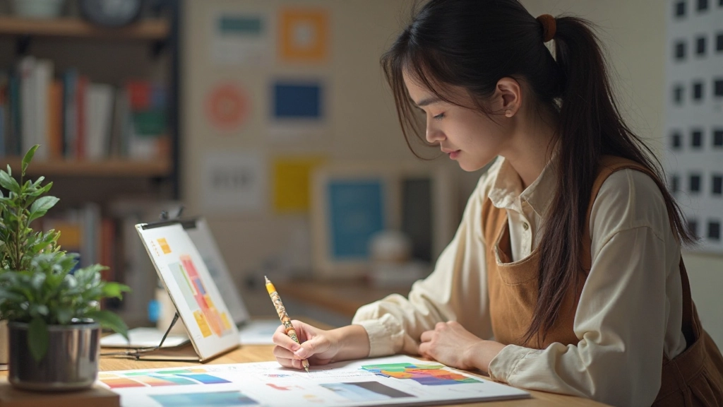 ブランドデザイン資料とカラーパレットを展開したデザイナーの作業机