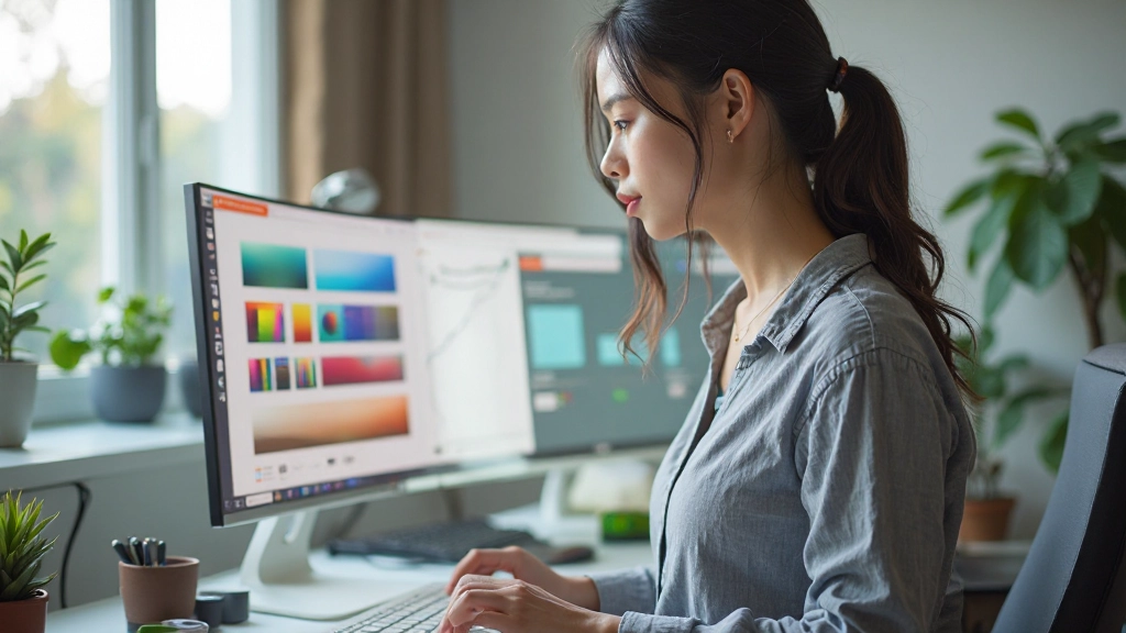 カラーサンプルと色彩理論の図表が表示されたデザイナーのモニター画面
