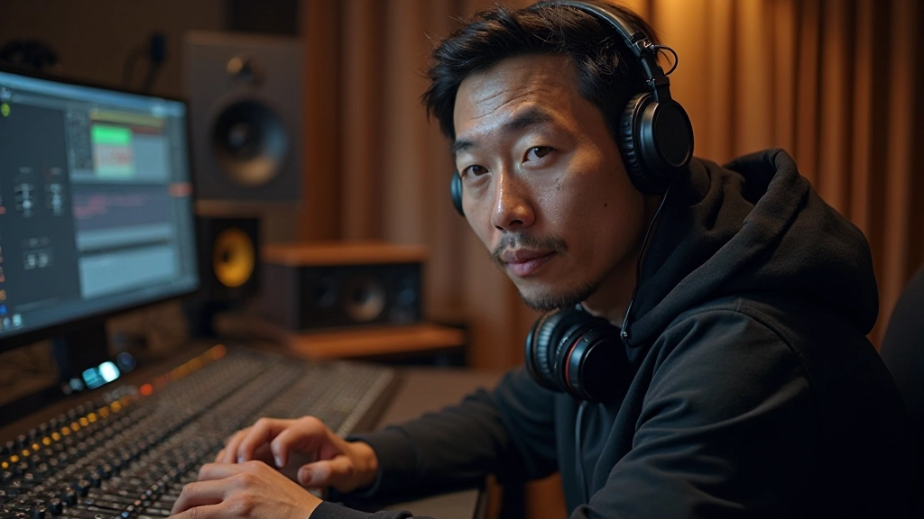 スタジオマイクの前に座るオーディオエンジニア