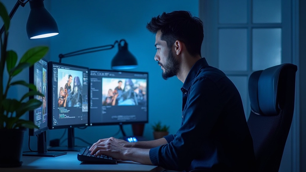 ビデオ編集スイートで複数画面を操作するクリエイティブプロフェッショナル