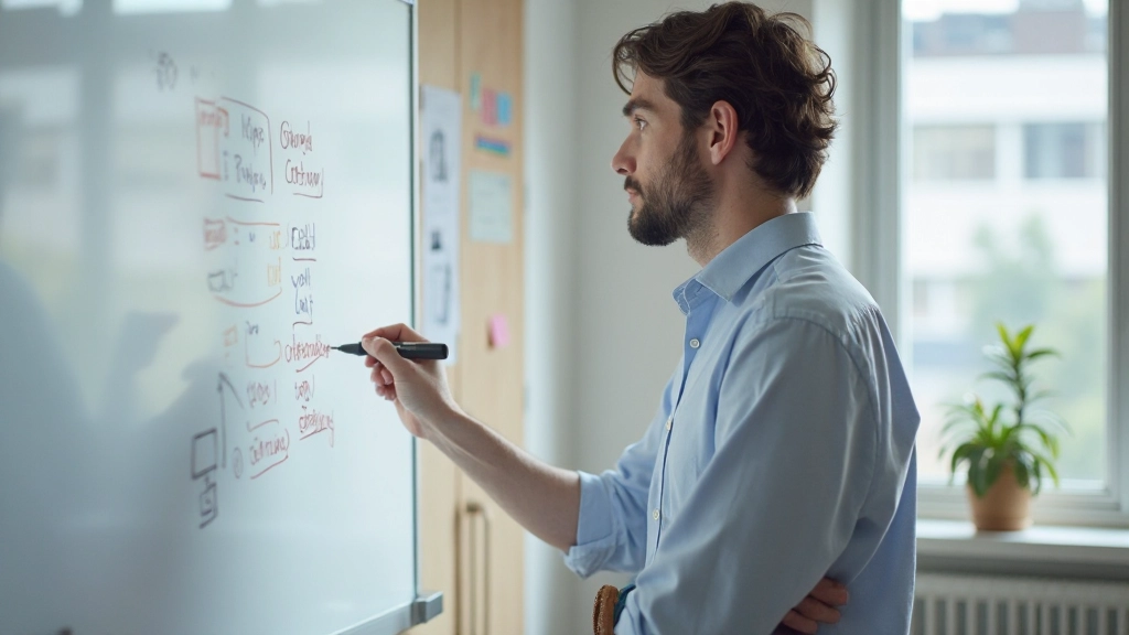 ソーシャルメディア戦略を白板に書き出しているクリエイター、複数のアイコンと矢印で構成された戦略図