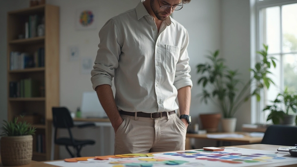 多様な色のパレットサンプルが並べられたデザイナーのワークスペース