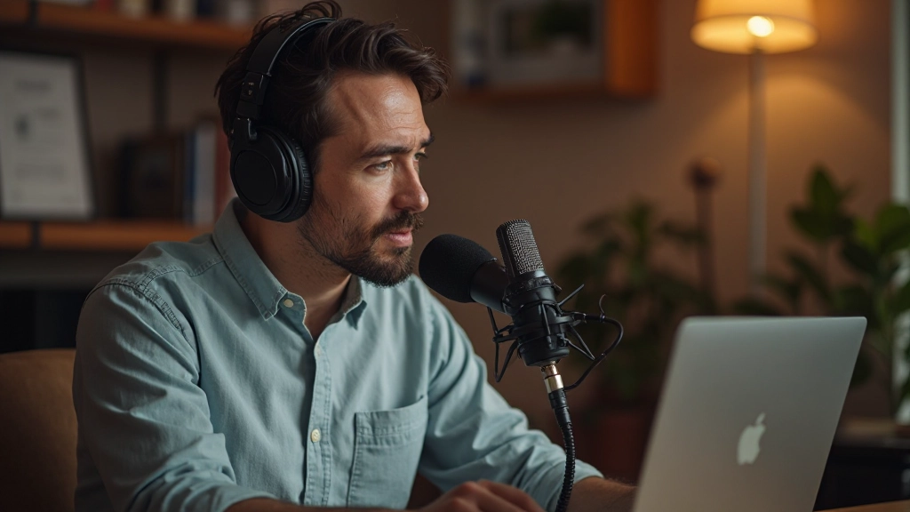 サウンドクリエイターがヘッドフォンを着用してマイクに向かい、DAWソフトウェアの波形が表示されたモニター画面