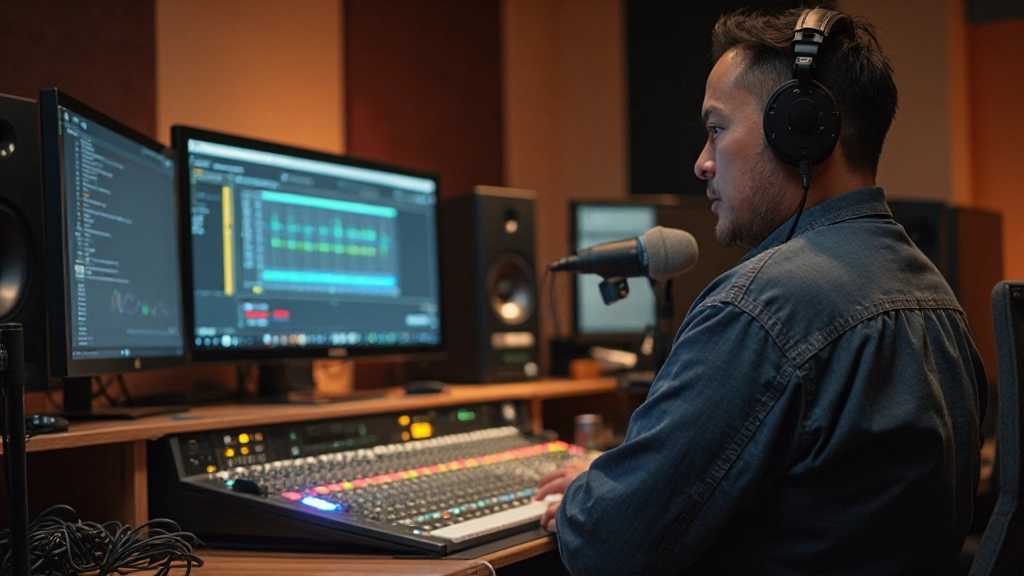 プロフェッショナルなオーディオ制作スタジオの全景、コンデンサーマイクとポップフィルター、XLRケーブルが接続されたミキシングボード