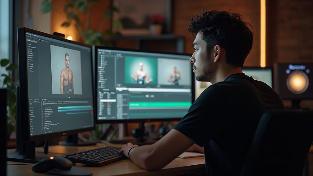 ビデオ編集ソフトウェアが表示された複数のモニター。カラーグレーディング作業中