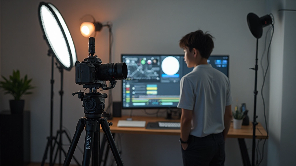 モダンなビデオスタジオセットアップ。プロフェッショナルなカメラ、照明機材、マイク